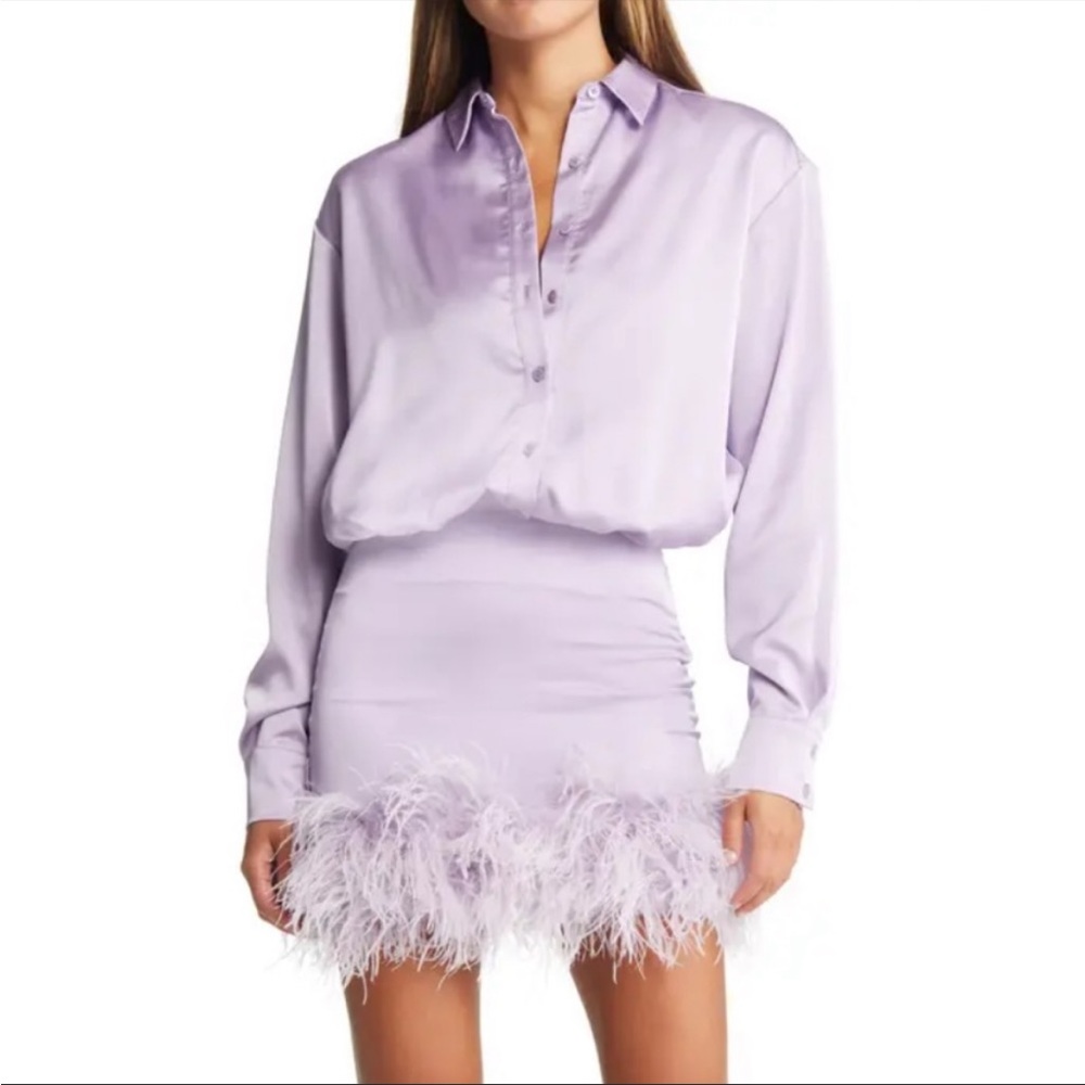 House of CB Tyra Feather Trim Long Sleeve Satin Mini Shirt Dress Orchid S NWT